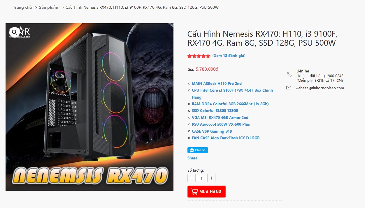 Cấu Hình Nemesis RX470: H110, i3 9100F, RX470 4G, Ram 8G, SSD 128G, PSU 500W